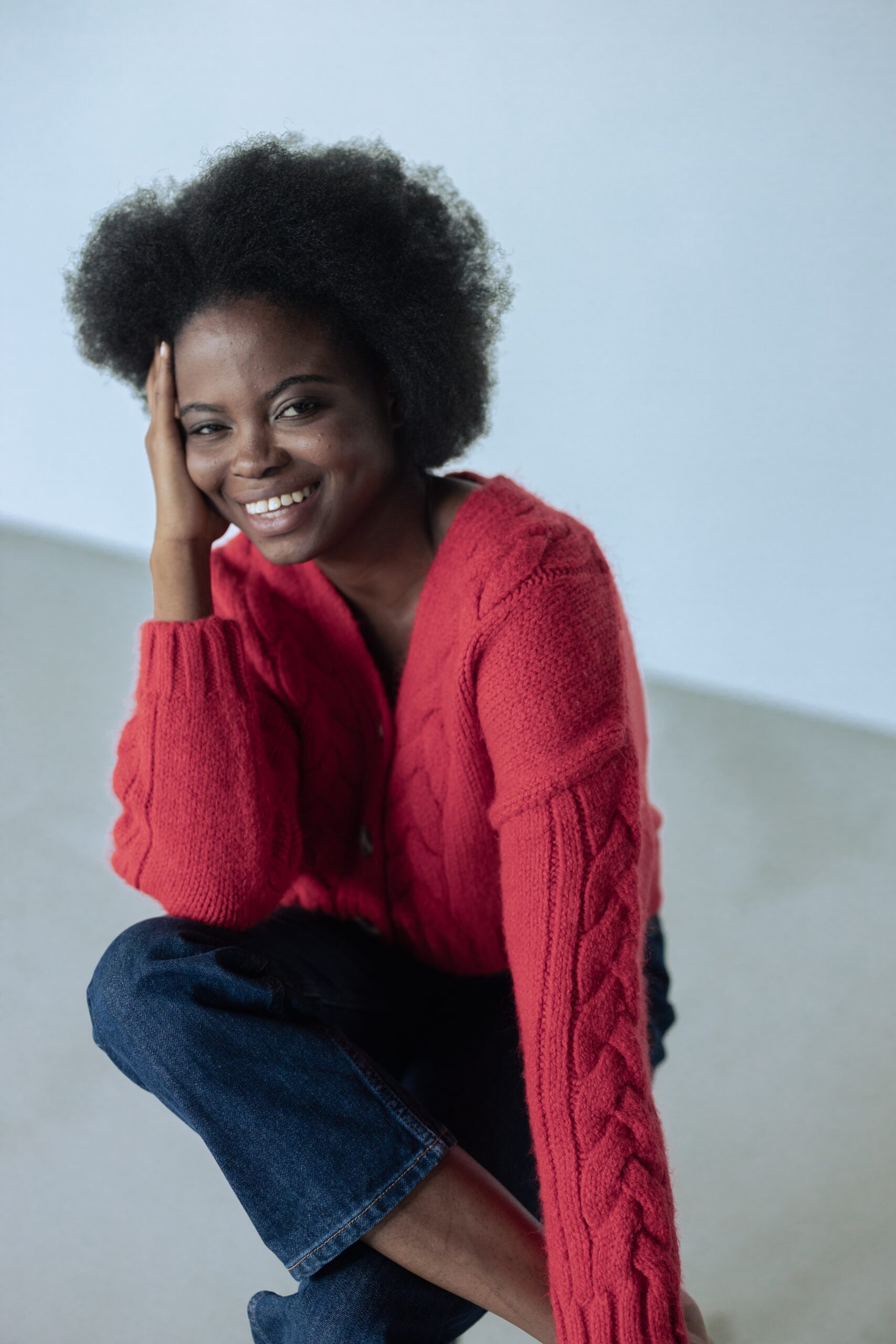 4c hair, woman in red